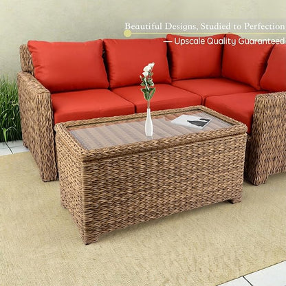 Laguna Point 40'' Outdoor Wicker Coffee Table w/Flip-Top Storage, HDPE Rattan Patio Center Table with Tempered Glass Top, Tan