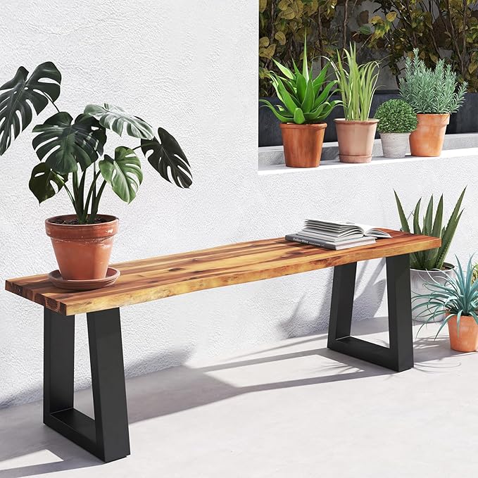 Outdoor Bench, 57.5” Rustic Acacia Wood Dining Bench with Metal Legs, Weatherproof Park Benches for Outside, 2-Person Backless Narrow Garden Bench for Indoors & Outdoors (1)