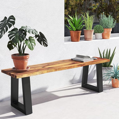 Outdoor Bench, 57.5” Rustic Acacia Wood Dining Bench with Metal Legs, Weatherproof Park Benches for Outside, 2-Person Backless Narrow Garden Bench for Indoors & Outdoors (1)