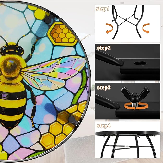 Small Side Table with Metal Frame, 10.5" Round Side Tables with Bee Pattern,Outdoor Table for Balcony,Terrace,Garden,Living Room