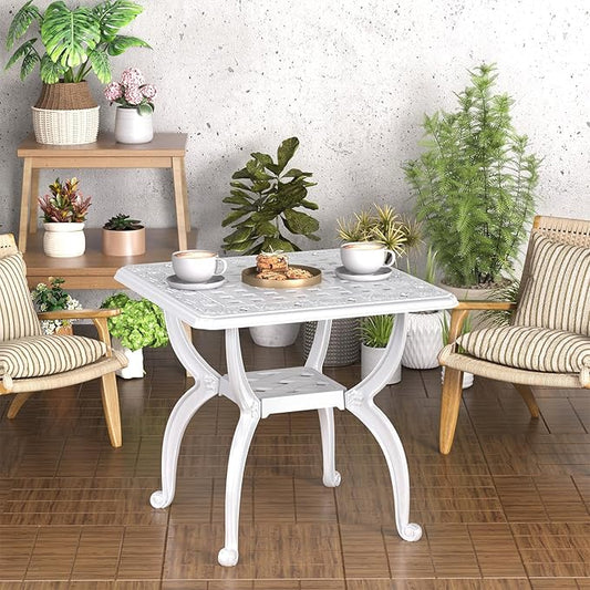 Square Outdoor Coffee Table Set of 2, Cast Aluminum Side Table with Storage,Indoor End Table, All-Weather Bistro Table for Patio Garden Lawn, White