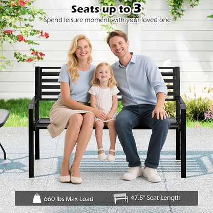 Tangkula 50” Outdoor Metal Park Bench, Patio Slatted Garden Bench for 2-3 People with Armrests & Backrest, Heavy-Duty Modern Seating for Backyard, Poolside, Porch