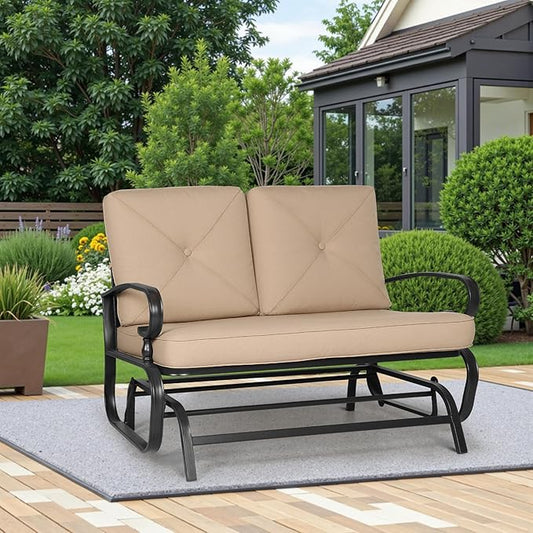 Incbruce Outdoor Glider Rocking Chair Patio Glider Bench for 2 Person, Porch Loveseat Seating Patio Steel Frame Chair Set with Cushion for Porch, Patio, Garden (Brown)