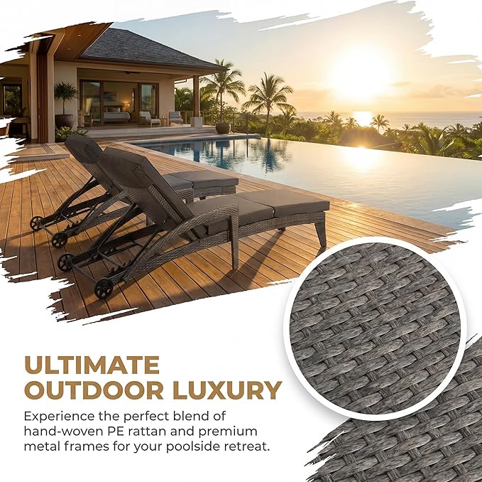 Chaise Lounge Chairs Set of 6, Upholstered 4-Positions Adjustable Lounge Chairs, Wicker Outdoor Long Reclining Chaise Lounge Set Pool Lounge Chairs with Wheels for/Deck/Beach/Yard, Grey