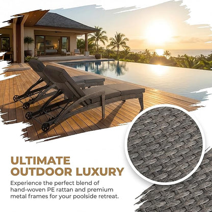 Chaise Lounge Chairs Set of 6, Upholstered 4-Positions Adjustable Lounge Chairs, Wicker Outdoor Long Reclining Chaise Lounge Set Pool Lounge Chairs with Wheels for/Deck/Beach/Yard, Grey