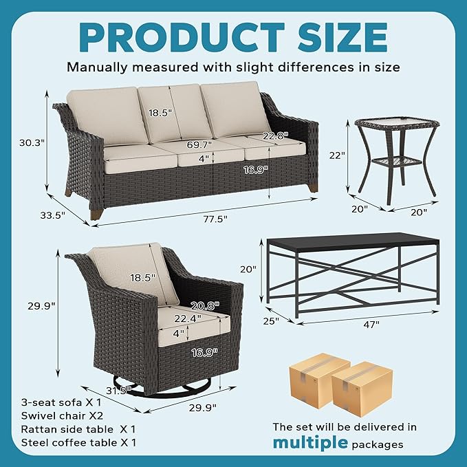 5 Pieces Outdoor Conversation Furniture Set - 77" Patio Sofa, 2 Swivel Rocker Chairs, 1 Side Table, 1 Metal Coffee Table - Photo 2