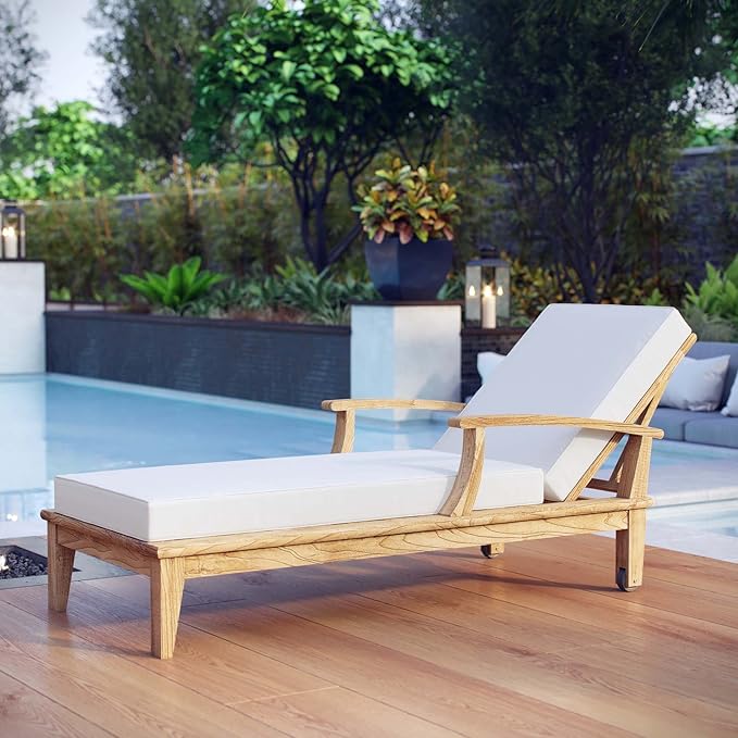 Modway Marina Premium Grade A Teak Wood Outdoor Patio Chaise Lounge Chair in Natural White - Photo 2