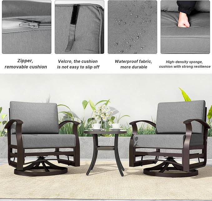 Kurapika 3 Pieces Patio Furniture Set, Outdoor Aluminum Rocking Chair, Patio Bistro Set Swivel Gliders Rocker with Thickened Cushions and Side Table for Porch Garden Deck(Grey)