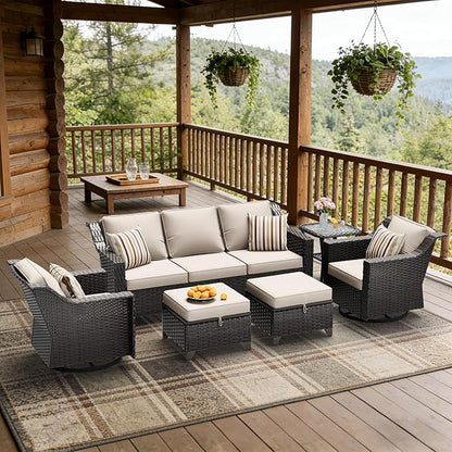 6 Pieces Patio Conversation Furniture Set - 1 Sofa, 2 Swivel Chairs, 2 Ottomans, 1 Side Table, Outdoor Wicker Furniture with Removable Cushions for Porch, Balcony, Sunroom (Beige)