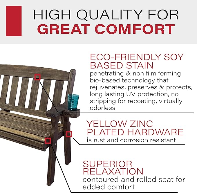 Amish Casual Heavy Duty 800 Lb Mission Pressure Treated Garden Bench with Cupholders (4 Foot, Dark Walnut Stain)
