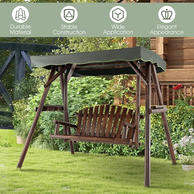 Tangkula Wooden Porch Swing, 2 Person A-Frame Outdoor Swing with Adjustable Canopy, Armrest, 2 Side Tables - Photo 2