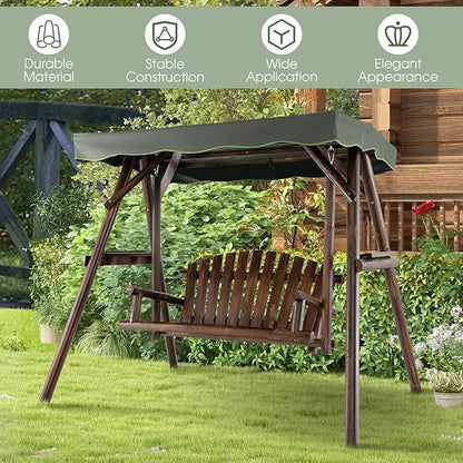 Tangkula Wooden Porch Swing, 2 Person A-Frame Outdoor Swing with Adjustable Canopy, Armrest, 2 Side Tables, Outdoor Swing with Wood Stand for Garden, Backyard, Deck, Poolside (Rustic)