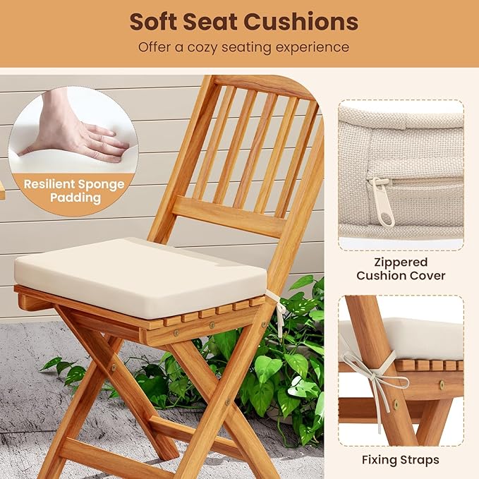 HAPPYGRILL Folding Patio Chairs Set Acacia Wood Outdoor Dining Chairs with Slatted Backrests and Soft Seat Cushions for Porch, Backyard and Garden, 400 LBS Weight Capacity (2,Back Style B)