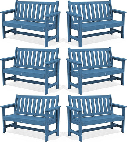 SERWALL Outdoor Bench, HDPE Outdoor Benches Weatherproof, 2-Person Garden Bench with 660 lbs Weight Capacity, Patio Benches for Outdoors, Garden, Porch, Backyard and Park, Navy, 6 Pack