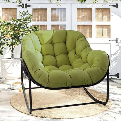 Papasan Rocking Chair Indoor & Outdoor, Oversized Egg-Shaped Papasan Rocker with Cushion & Pillow, All-Weather Wicker Patio Lounge Chair for Garden, Porch, Living Room (Green)