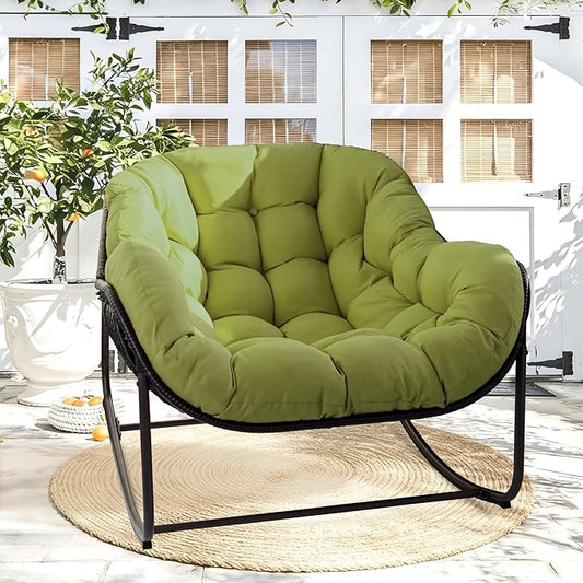Papasan Rocking Chair Indoor & Outdoor, Oversized Egg-Shaped Papasan Rocker with Cushion & Pillow, All-Weather Wicker Patio Lounge Chair for Garden, Porch, Living Room (Green)
