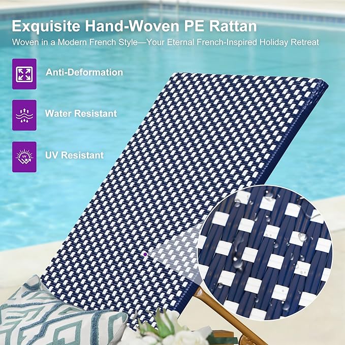PURPLE LEAF Patio Chaise Lounge French Outdoor Lounger 2 Pieces Wood-Grain Finish Aluminum Wicker Lounge Chair with Adjustable Backrest for Pool Garden Beach and Backyard White and Navy