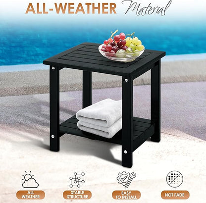 2-Tier Adirondack Outdoor Side Table, 16.6" Acacia Weather-Resistant End Table with Shelf for Patio, Garden, Lawn, Living Room (Black)