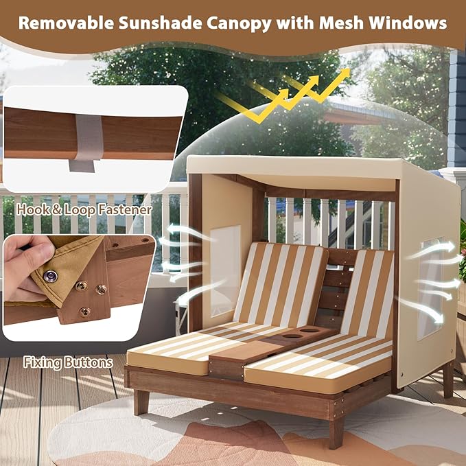 Costzon Kids Lounge Chair Outdoor, Wood Double Seat Chaise Lounge with Canopy, Cup Holders, Cushion, Backrest Recliner, Kids Patio Furniture, Gift for Boys Girls 3-8 Years Old