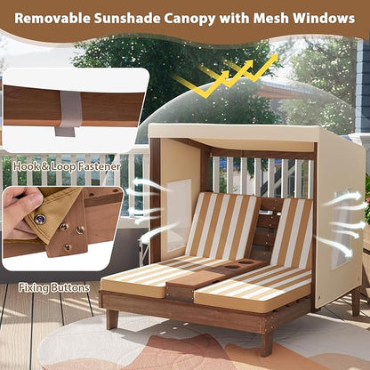 Costzon Kids Lounge Chair Outdoor, Wood Double Seat Chaise Lounge with Canopy, Cup Holders, Cushion, Backrest Recliner, Kids Patio Furniture, Gift for Boys Girls 3-8 Years Old