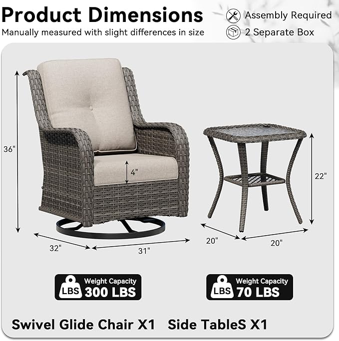 2 Pieces Outdoor Swivel Rocker Patio Chairs Set - Outdoor Wicker Patio Furniture Sets with 1 Side Table - Photo 2
