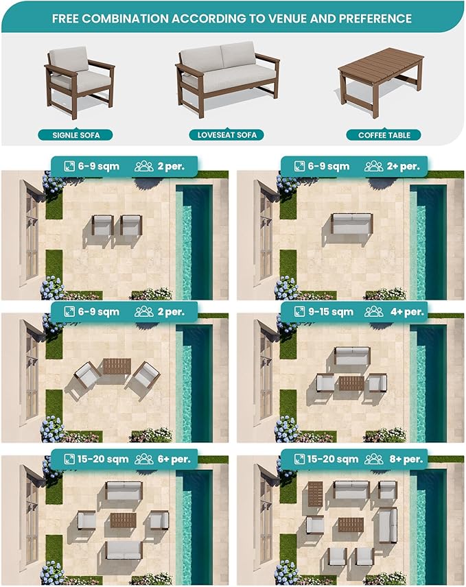 SERWALL HDPE Outdoor Loveseat with Cushions, All Weather Use Outdoor Loveseat Sofa, Brown Frame/Khaki Cushion - Photo 6