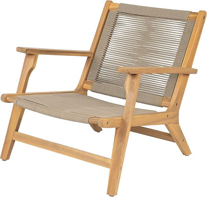 Christopher Knight Home Veera Patio Chair Set of 2 with Acacia Wood Frame and Handwoven Rope, Outdoor Lounge Chair, Stylish Outdoor Accent Chair for Garden/Deck/Backyard, Beige + Light Teak