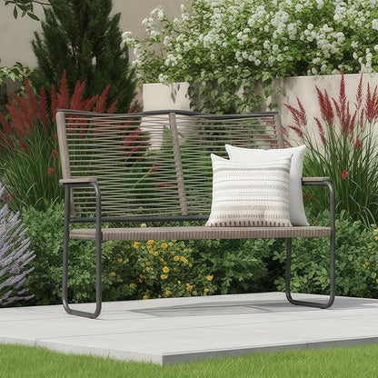 AECOJOY Outdoor Garden Bench, Weatherproof Wicker Outside Benches Clearance, Black Patio Loveseat with Backrest Armrests for Lawn Yard Porch Work Entryway (Brown Vine Back)