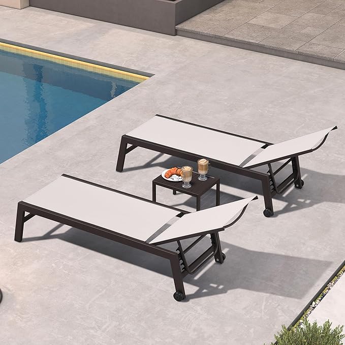 PURPLE LEAF Outdoor Chaise Lounge Chair Set of 3, Patio Lounge Chair for Outdoor, Aluminum Patio Chaise Lounger with Adjustable Backrest and Wheels for Outside, Lawn, Garden, Linen