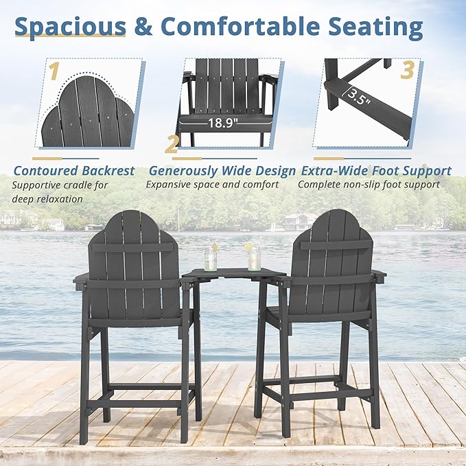 LUE BONA Tall Adirondack Chair Set of 2, All Weather HDPS Bar Height Adirondack Chair with Detachable Table & Umbrella Hole, Adirondack Barstools for Patio, Deck, Backyard & Commercial Use Dark Gray