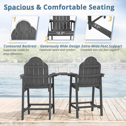 LUE BONA Tall Adirondack Chair Set of 2, All Weather HDPS Bar Height Adirondack Chair with Detachable Table & Umbrella Hole, Adirondack Barstools for Patio, Deck, Backyard & Commercial Use Dark Gray