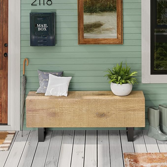 COSIEST Patio Log Bench, 48.4 x 11.8” Outdoor Benchs, Rectangular MgO Garden Bench, Rustic Benchs for Yard or Lawn, Light Oak