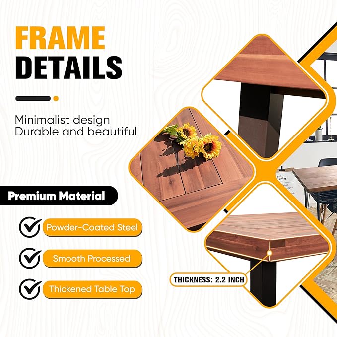 Flamaker Dining Table for 6 FSC Acacia Wood Indoor Outdoor Home Kitchen Table with Iron Legs Large Rectangular Patio - Photo 5