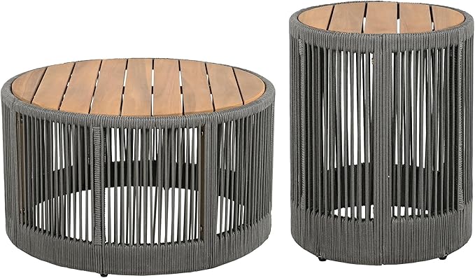 LUMISOL Rustic Industrial Table Set of 2 for Outdoor, Coffee Table & Side Table with Woven Rope Design, Patio Table Set for Living Room Garden Balcony, Teak+ Grey