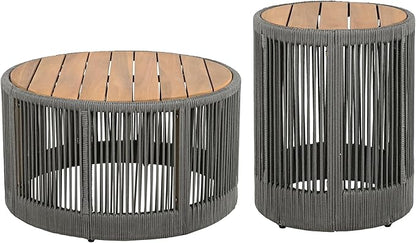 LUMISOL Rustic Industrial Table Set of 2 for Outdoor, Coffee Table & Side Table with Woven Rope Design, Patio Table Set for Living Room Garden Balcony, Teak+ Grey