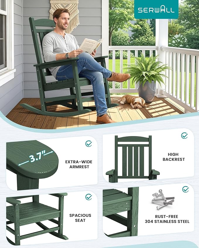 SERWALL Oversized Outdoor Rocking Chair, All-Weather Patio Rocking Chair, HDPE Porch Rocker for Adults, Green