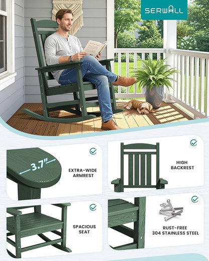SERWALL Oversized Outdoor Rocking Chair, All-Weather Patio Rocking Chair, HDPE Porch Rocker for Adults, Green