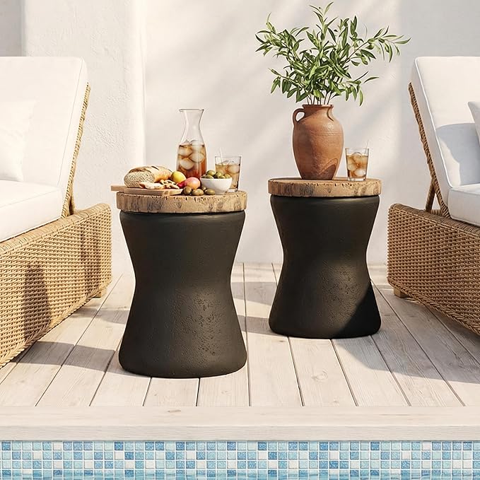 HOMPUS Outdoor Concrete Side Table Sets of 2, 2 Pieces Black Round Patio End Table, Small Outdoor Accent Table, Hourglass Shaped Garden Stool for Patio, Outside, Black