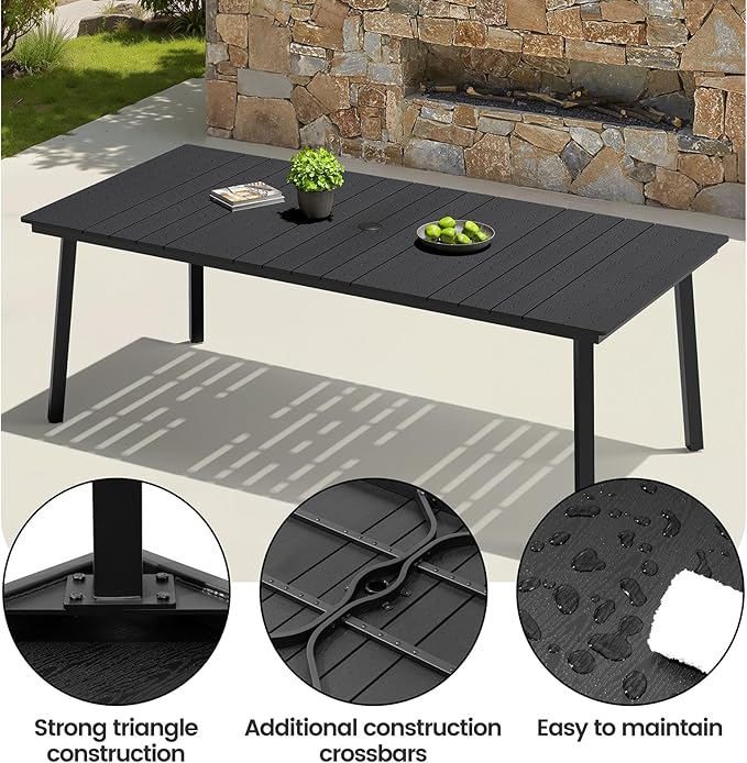 Crestlive Products Patio Dining Table for 6, 70 Inch Rectangular Outdoor Table with Wood-Like Tabletop Metal Frame Deck Table with 1.6" Umbrella Hole for Backyard, Balcony, Garden (Black)