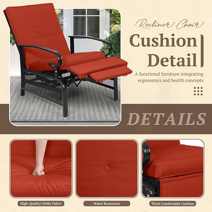 Oakcloud Adjustable Outdoor Lounge Chair Metal Patio Relaxing Recliner Chair with Removable Cushions(Red) - Photo 4