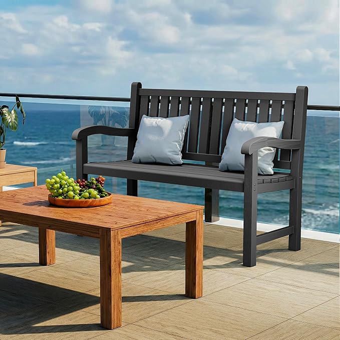 ROJIK Outdoor Bench Resin Patio Chairs Waterproof 2-Person Slatted Chairs with Sturdy Frame - Photo 7