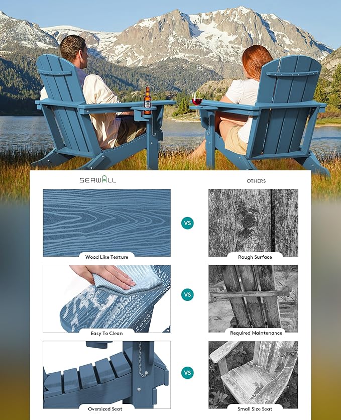 SERWALL Folding Adirondack Chairs with Cushions - Set of 4, Memory Foam Cushions - Blue/Gray - Photo 7