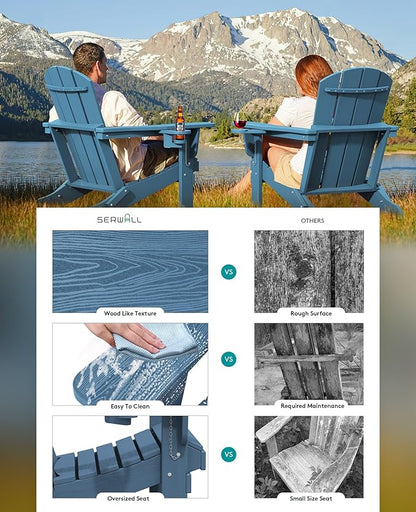 SERWALL Folding Adirondack Chairs with Cushions - Set of 4, Memory Foam Cushions - Blue/Gray