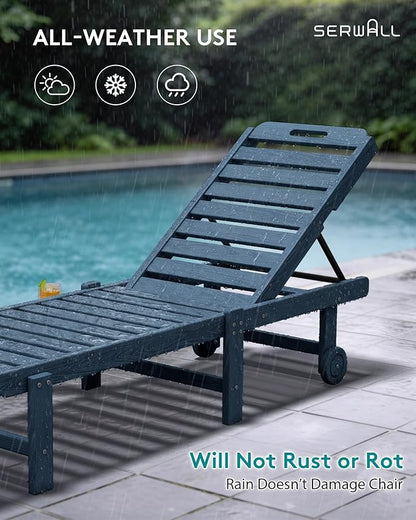 SERWALL Patio Chaise Lounge Chair Set of 4, HDPE Outdoor Lounge Chair with Cup Holder, 5 Positions Adjustable Poly Lounger with Rolling Wheels for Poolside, Deck, Sunbathing, Blue
