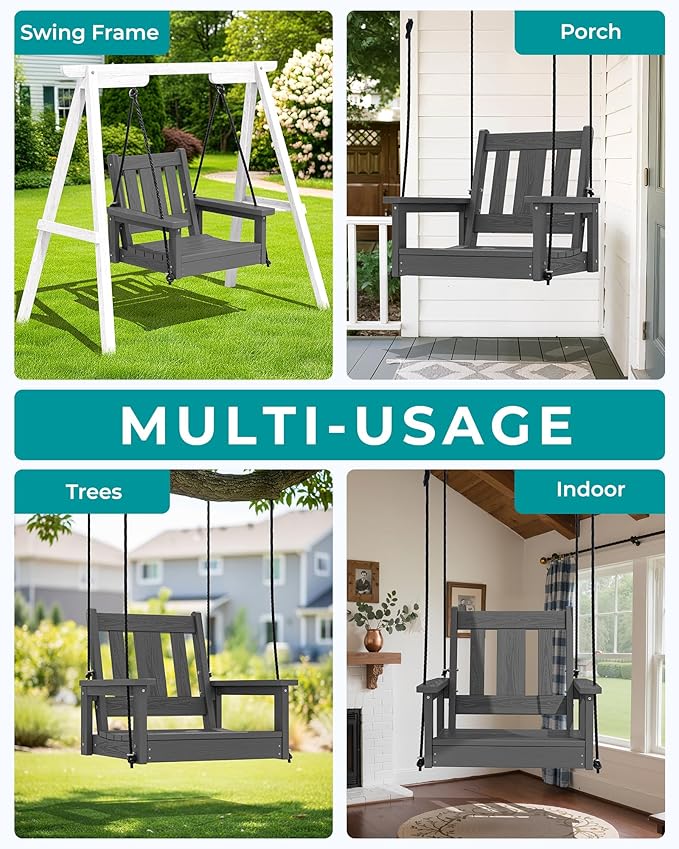 SERWALL HDPE Single Porch Swing Set of 2, Heavy Duty Single Person Swing Chair with 2 Polypropylene Hanging Ropes - Photo 6