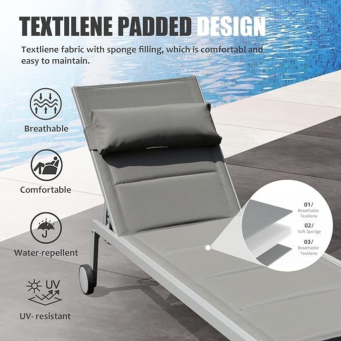 Domi Outdoor Patio Chaise Lounge Set of 3, Aluminum Pool Lounge Chairs with Side Table and Wheels, Textilene Padded Adjustable Recliner All Weather for Poolside, Beach, Yard, Balcony (Gray)