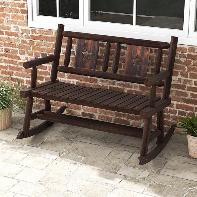 Tangkula Patio Rocking Bench, Carbonized Wood Double Rocker Chair with Ergonomic Seat, 2-Person Solid Wood Rocking Loveseat for Backyard, Porch, Garden, Rustic Farmhouse Style (2, Rustic Brown)