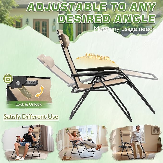 Devoko Set of 2 Zero Gravity Lounge Chairs, Outdoor Folding Adjustable Steel Mesh Recliner Chairs with Cup Holder & Removable Pillow for Patio Garden Lawn Beach (Beige)