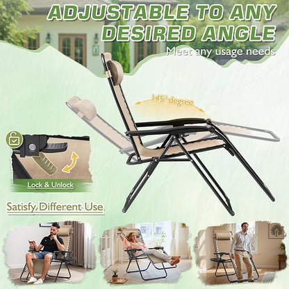 Devoko Set of 2 Zero Gravity Lounge Chairs, Outdoor Folding Adjustable Steel Mesh Recliner Chairs with Cup Holder & Removable Pillow for Patio Garden Lawn Beach (Beige)