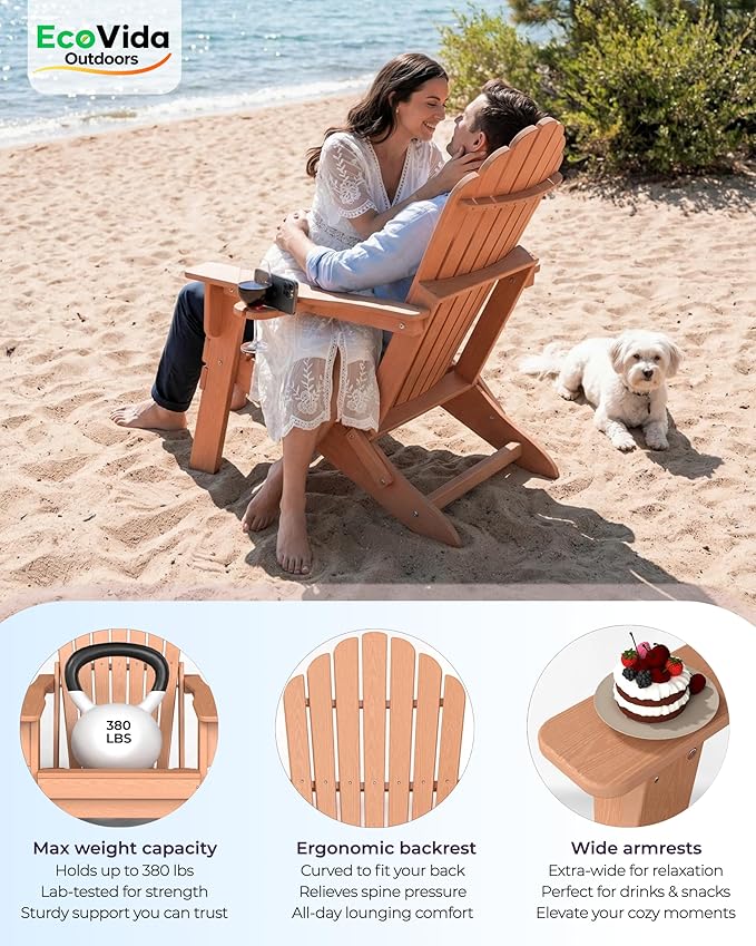 Oversized Adirondack Chair with Dual Cup Holders, Ergonomic High Back HDPE Fire Pit Chair, 380lbs Capacity All-Weather Outdoor Patio Lounge Chair for Garden, Deck, Yard - Cedar